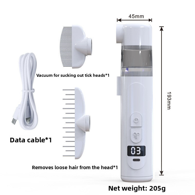 Electric pet grooming comb with two heads clear cup and USB C cable layout