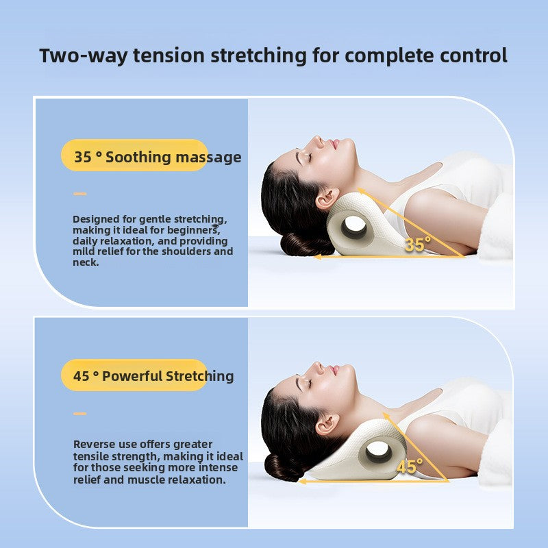 Two angle positions of the foam neck pillow, 35 degrees and 45 degrees, shown with a woman lying on it