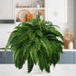 Unlit artificial Boston fern in a white pot on a kitchen counter, no light, 88 heads option