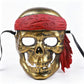 Antique gold pirate skull party mask with molded red bandana and open eye sockets