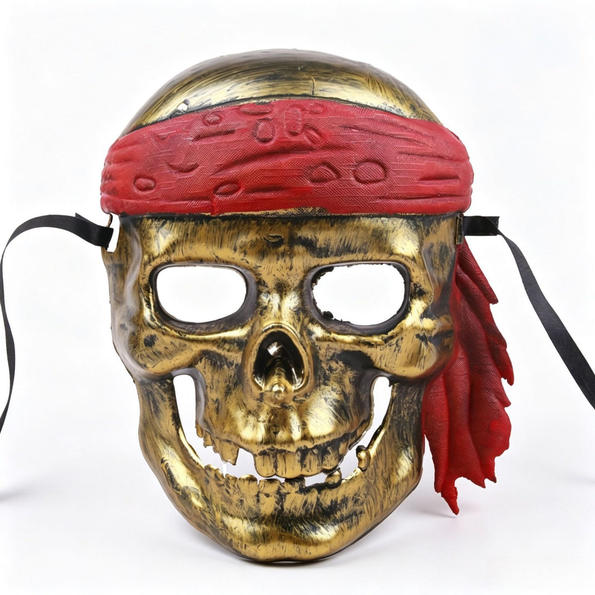 Antique gold pirate skull party mask with molded red bandana and open eye sockets
