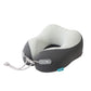 Dark gray and light gray U shaped memory foam travel neck pillow with front drawcord on a white background