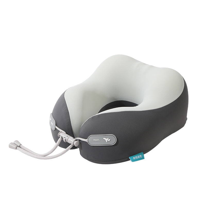 Dark gray and light gray U shaped memory foam travel neck pillow with front drawcord on a white background