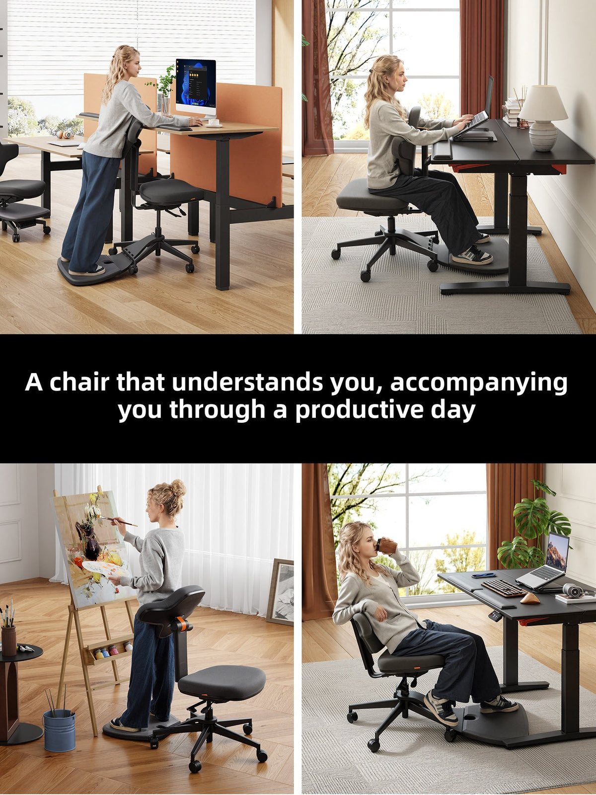 Ergonomic sit stand desk chair used at a height adjustable desk for leaning support