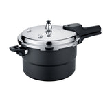 Black aluminum alloy stovetop pressure cooker with stainless steel locking lid and pressure regulator