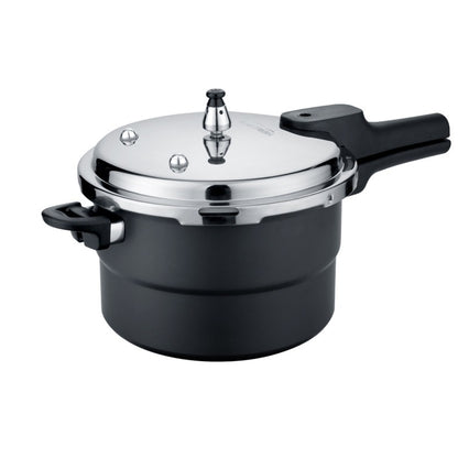 Black aluminum alloy stovetop pressure cooker with stainless steel locking lid and pressure regulator