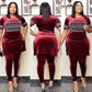Wine red velvet rhinestone two piece set with AWESOME lettered top, three views on a model