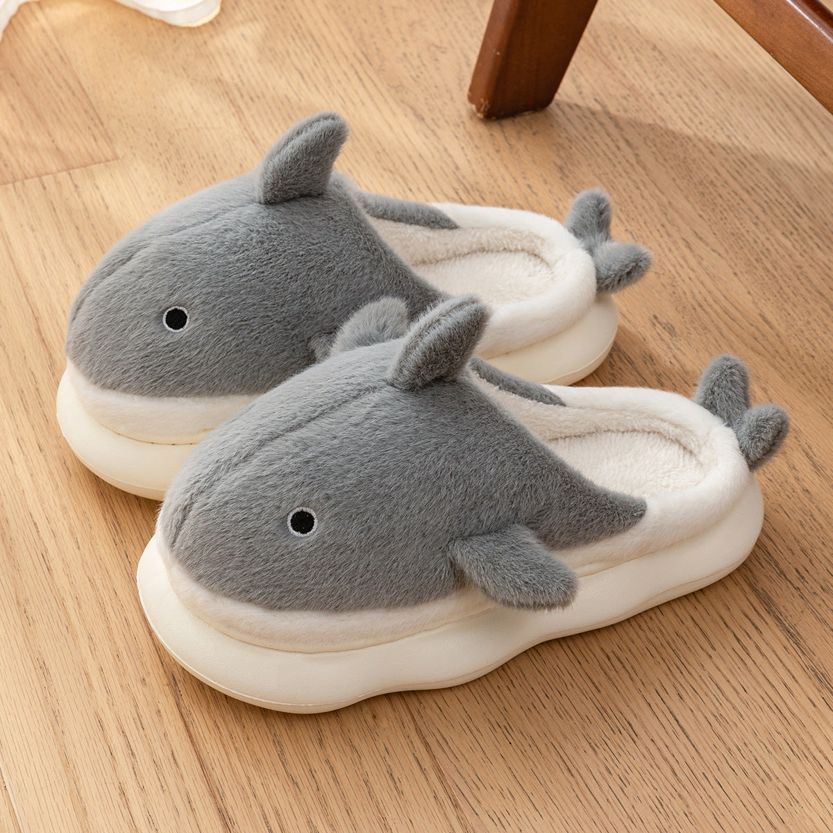 Gray shark plush slippers with a fin and tail on a thick white sole, size 38-39 option