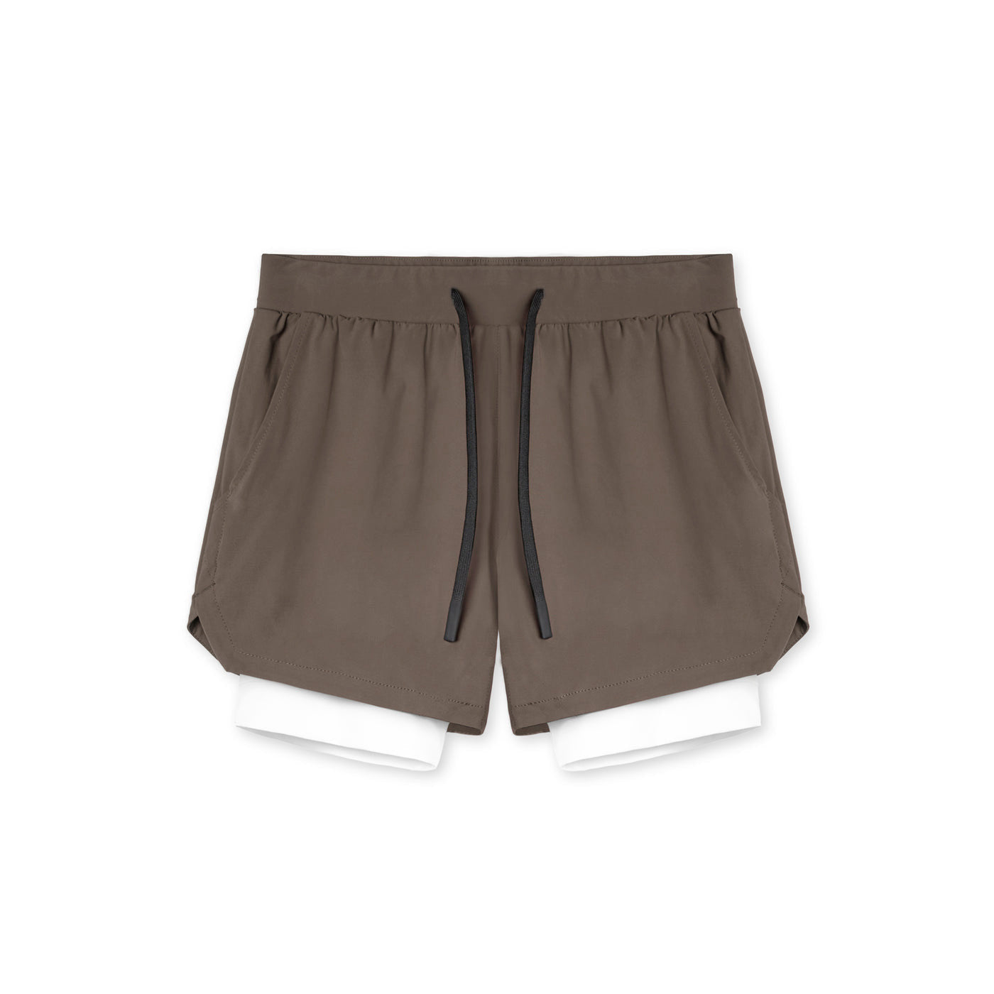 Two in one training shorts in deep khaki shown flat with the inner liner, side view