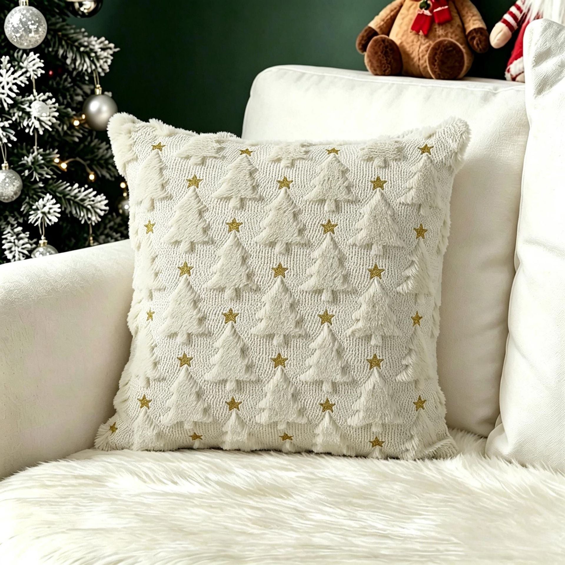 Plush carved cushion cover with carved bells and bows on the soft plush ground, view 29
