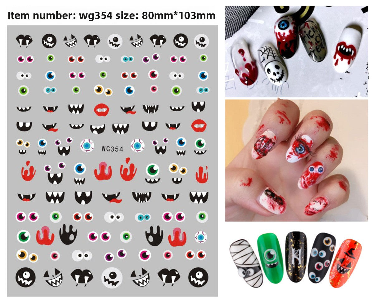 Festive Halloween nail decals mixing pumpkins, bats and spiders
