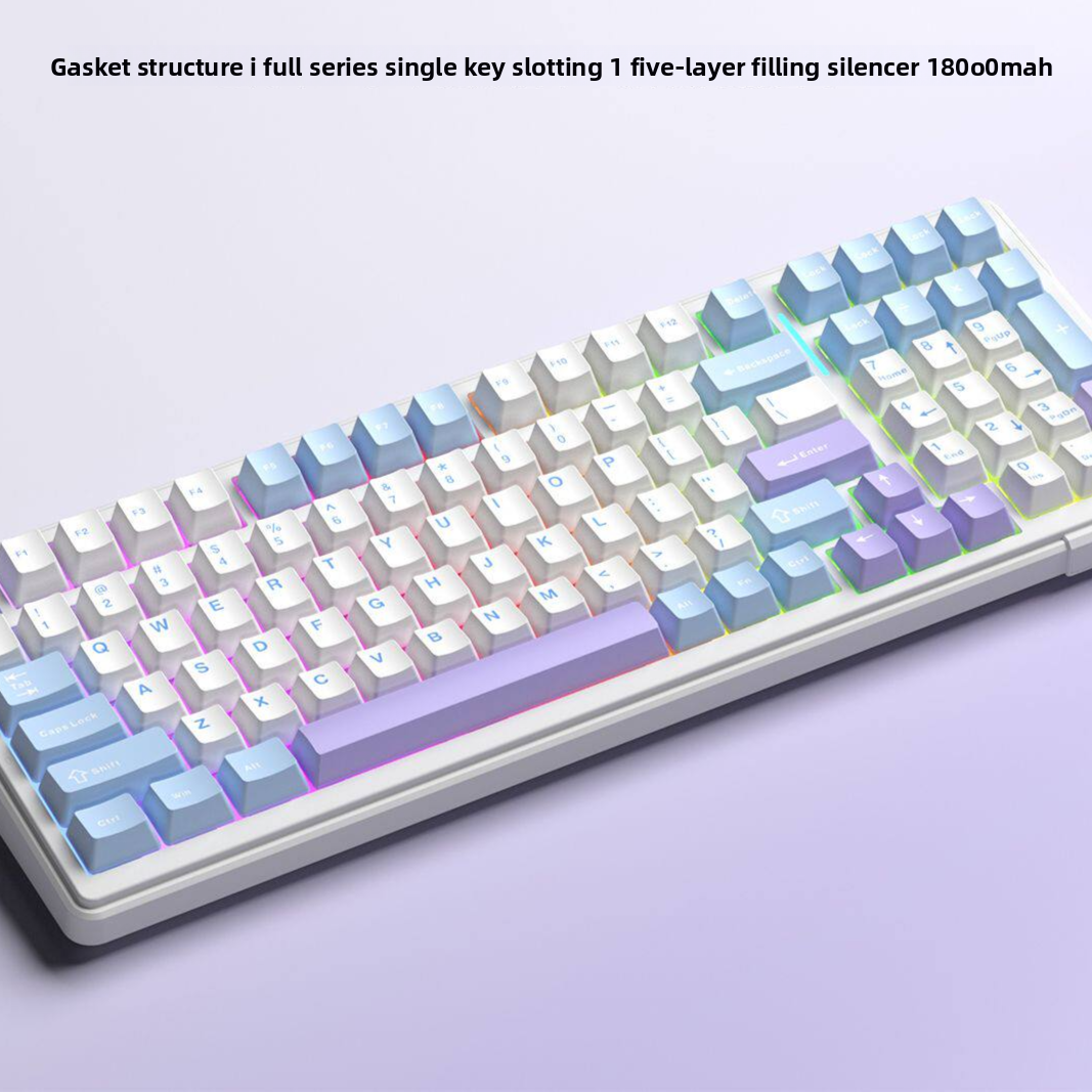 F99 mechanical keyboard with blue white purple gradient keycaps and RGB glow