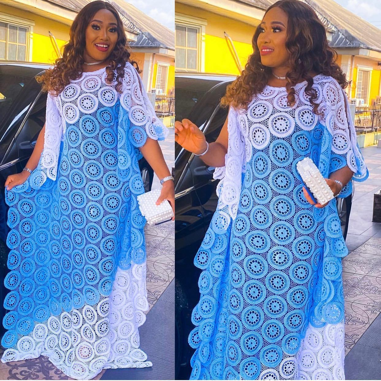 Blue and white two tone guipure lace boubou maxi robe, front
