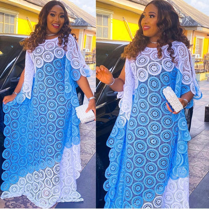 Blue and white two tone guipure lace boubou maxi robe, front