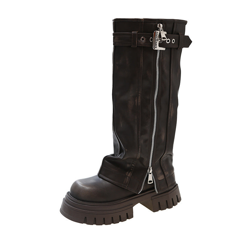 Dark brown chunky knee high boot with buckle strap and side zipper, product photo for the size 36 variant