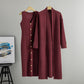 Wine red two piece ribbed knit set showing the buttoned dress beside the long open cardigan