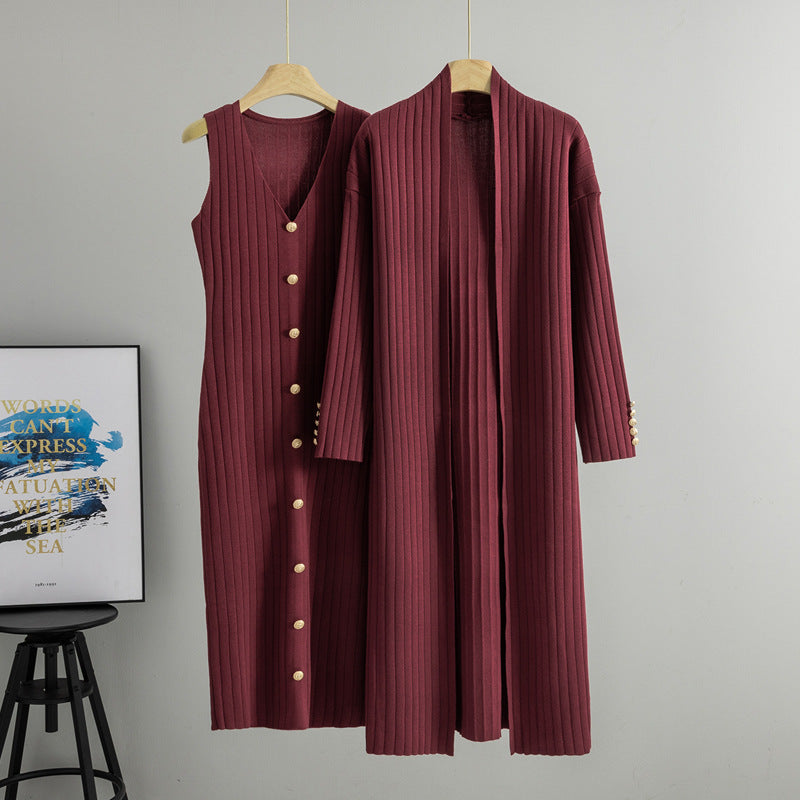 Wine red two piece ribbed knit set showing the buttoned dress beside the long open cardigan