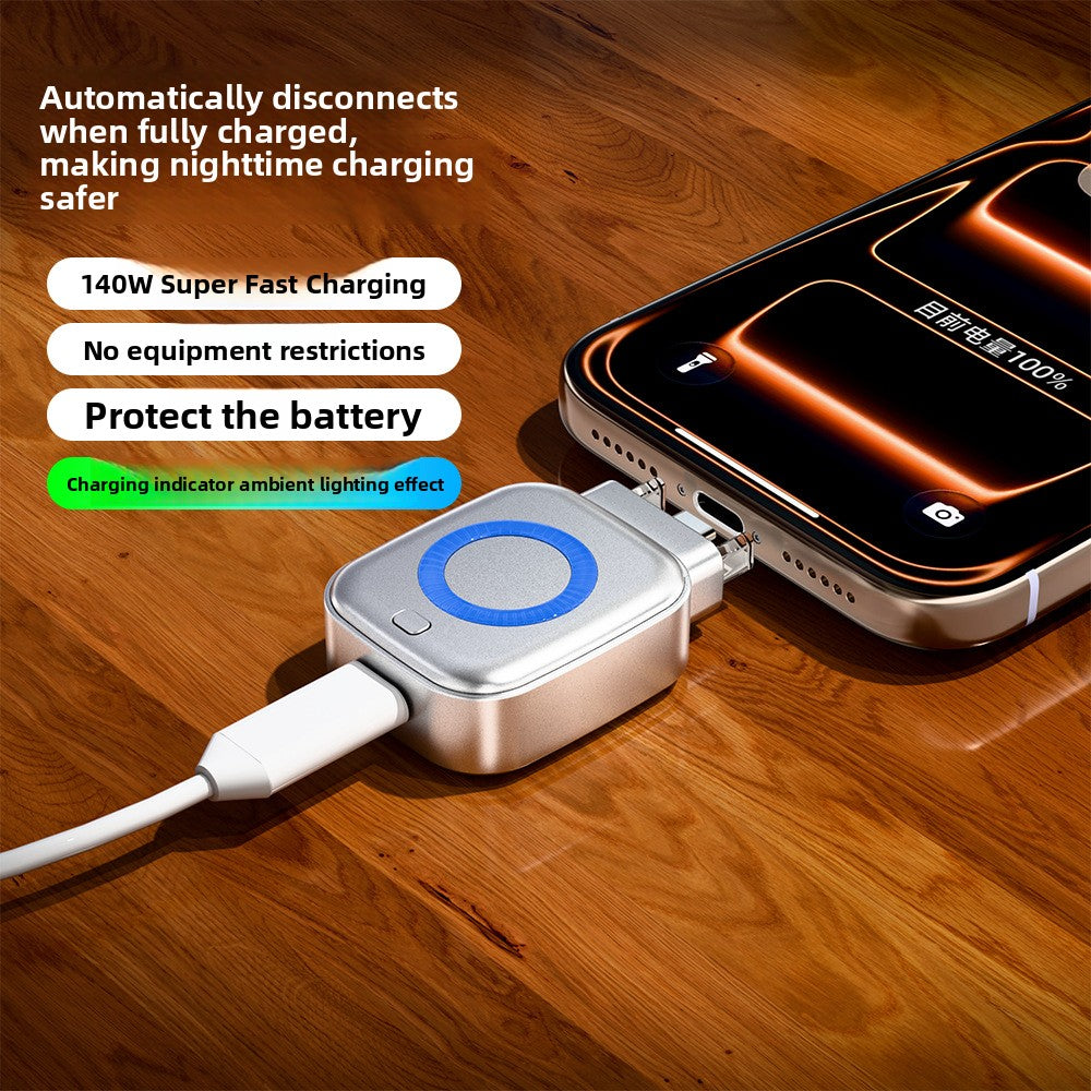 Silver USB-C charge separator plugged inline to a phone with a blue status ring light