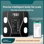 Black tempered glass body fat scale with a bright LCD shown syncing to a phone app