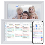 White framed touchscreen digital family calendar showing a weekly schedule and a family photo