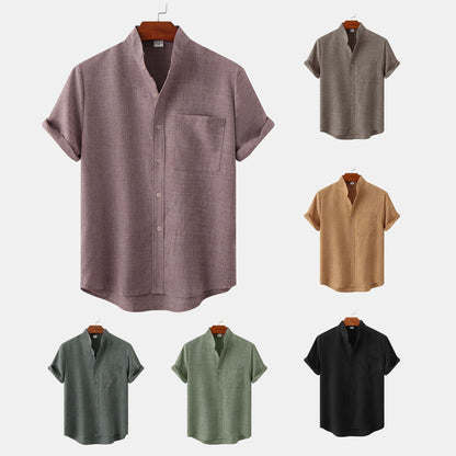 Mens Stand Collar Casual Button Down Short Sleeve Shirt