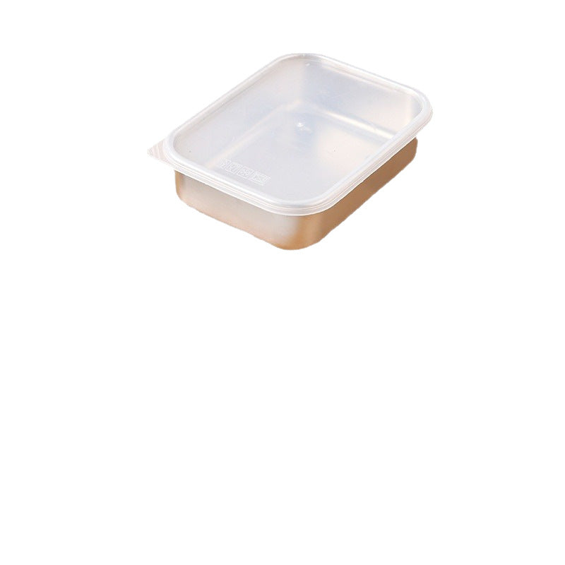 Single shallow stainless steel food tray with a clear snap on lid on a white background