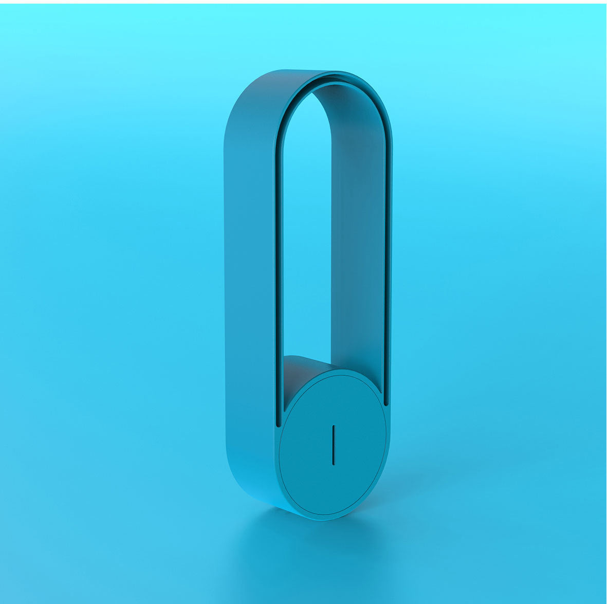Purple arch shaped USB ion generator standing on its oval foot against a purple ground