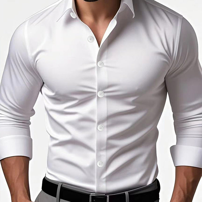 Close view of the turn down collar and button front on the slim fit polyester dress shirt