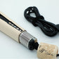Hair straightener control buttons beside a coiled black swivel cord on white