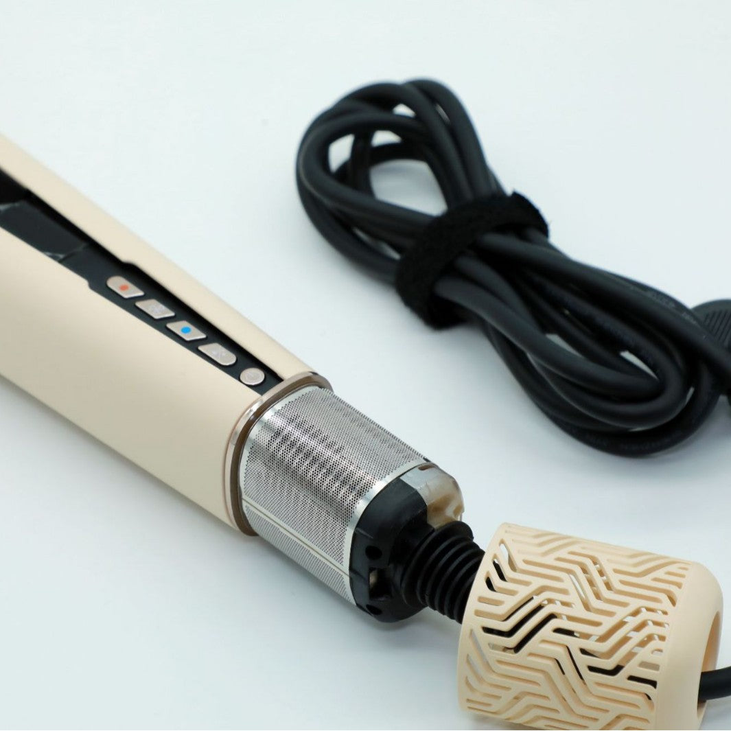 Hair straightener control buttons beside a coiled black swivel cord on white