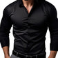 Solid color mens dress shirt with a full button placket and tailored slim fit through the chest