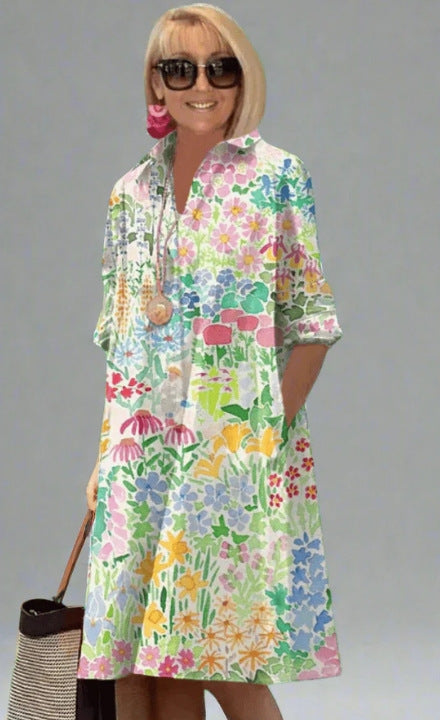 Multicolor Floral print polyester shirt collar long sleeve A-line midi dress on a standing model