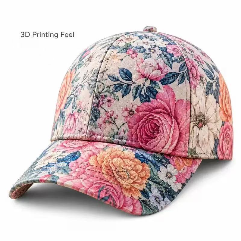 Dome crown baseball cap wrapped in a printed bouquet of seasonal flowers