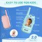 Annotated pink and blue video walkie talkie showing antenna, camera, volume, power switch and Type-C port