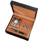 Side view of the sport watch on its steel link bracelet beside the gift box