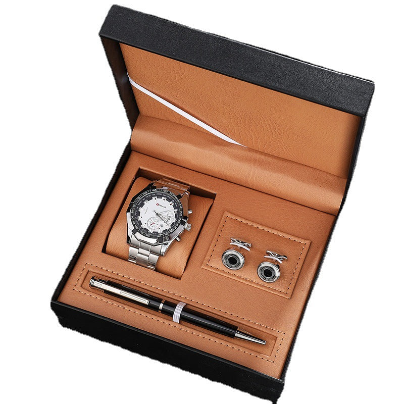 Side view of the sport watch on its steel link bracelet beside the gift box