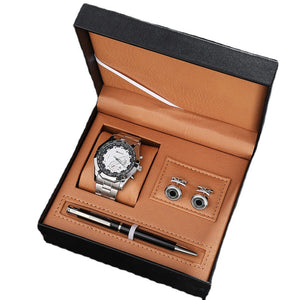 Side view of the sport watch on its steel link bracelet beside the gift box