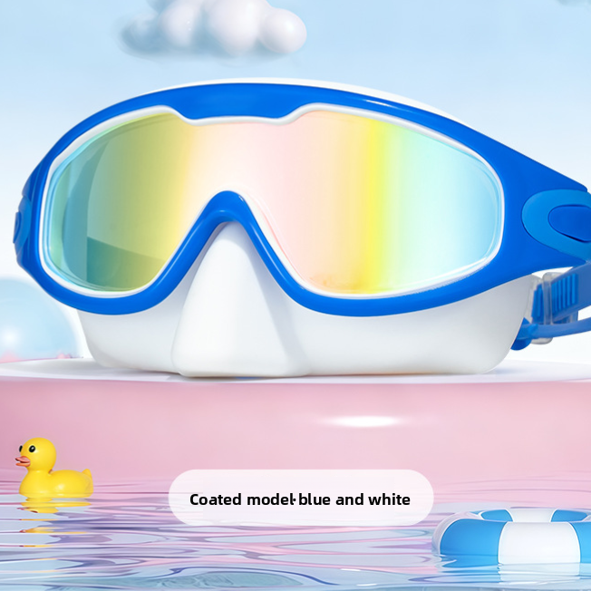 Rainbow mirror lens swimming goggles in a two tone color shown poolside