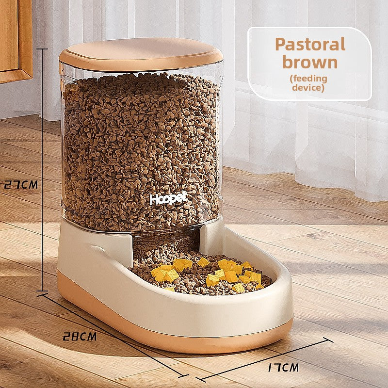 Brown gravity pet water dispenser and food feeder set on a floor