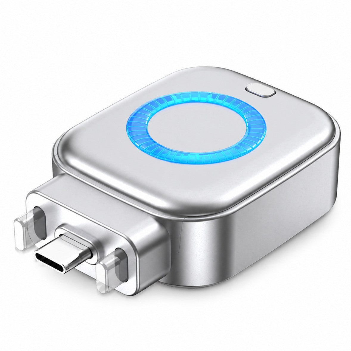 Compact silver USB-C auto cutoff charge adapter shown on a plain background