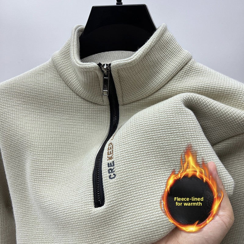 Cream waffle knit half zip sweater with stand collar and fleece lining, size XXL option