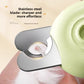 Green LED pet nail clipper shown from the side with the stainless blade and round LED lens window