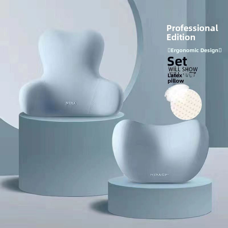 Light blue lumbar cushion and neck pillow set with a latex core inset