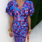 Printed V Neck Tight Fitting Puff Short Sleeve Women Dress