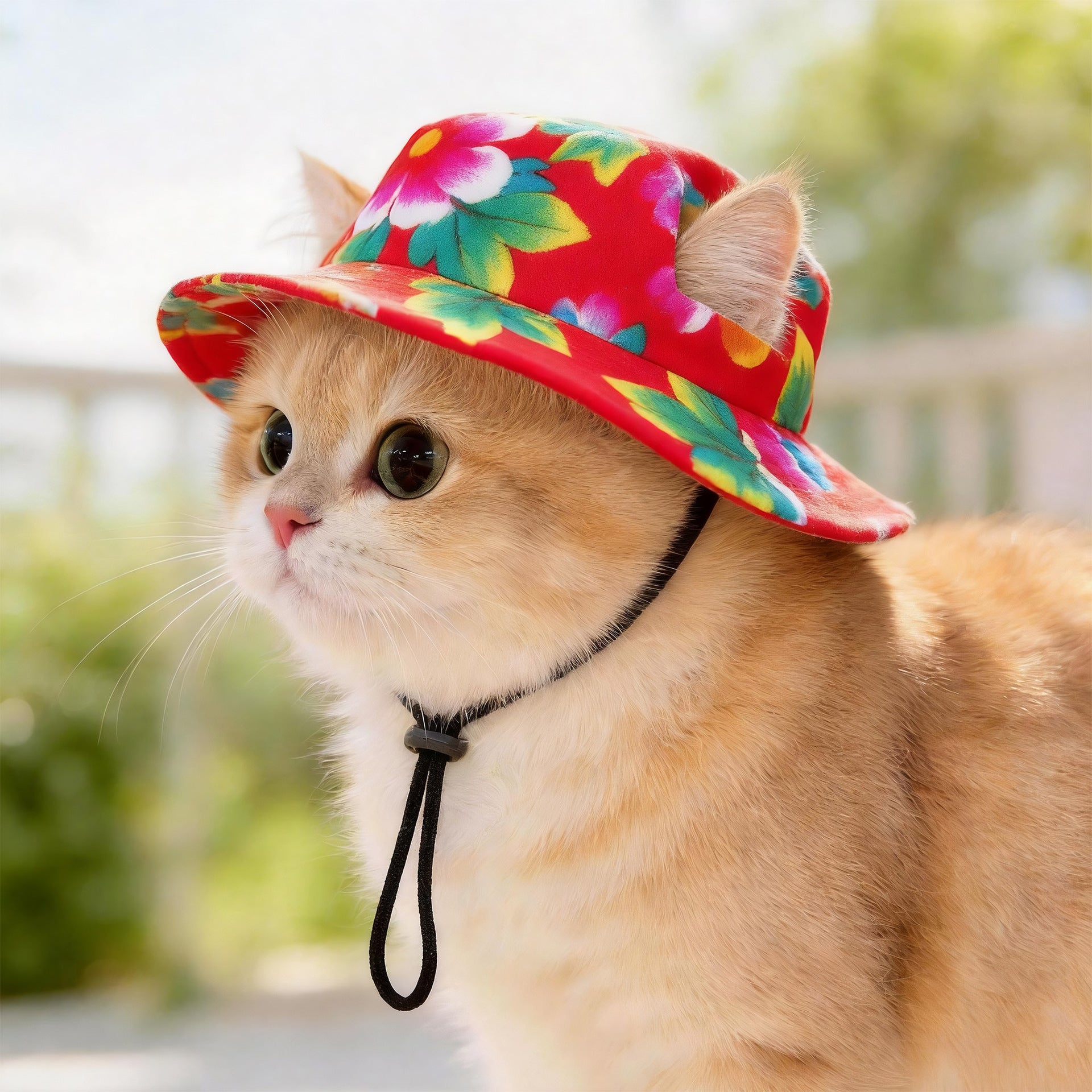 Pet bucket sun hat with ear holes and chin cord in a heart print, view 27