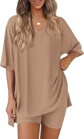 Khaki milk silk V neck loungewear set, oversized top and matching shorts, size L