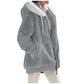 Women's loose plush hooded zip jacket with a contrast lined drawstring hood and two zip pockets