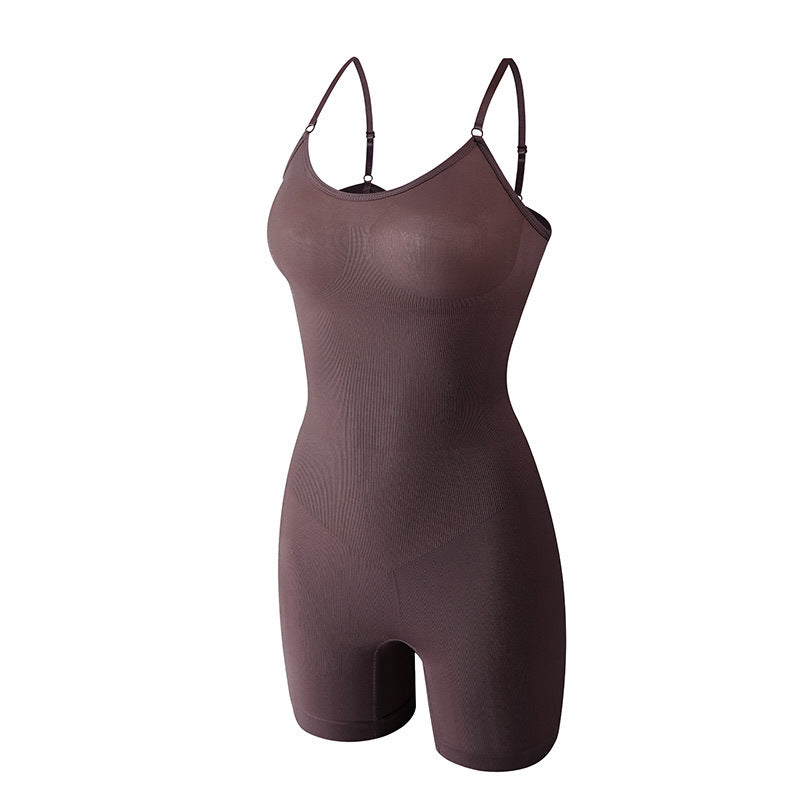 Coffee brown seamless shaping cami bodysuit shown laid flat with adjustable straps and short legs