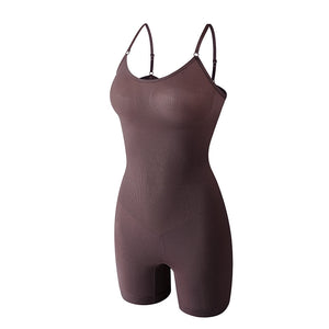 Coffee brown seamless shaping cami bodysuit shown laid flat with adjustable straps and short legs