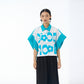 Sky blue color blocked cropped shirt showing wide batwing sleeves and front placket